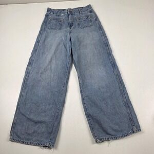 VTG Y2K Old Navy Jeans Womens 2 Wash Baggy Distressed Wide Leg High Rise Denim